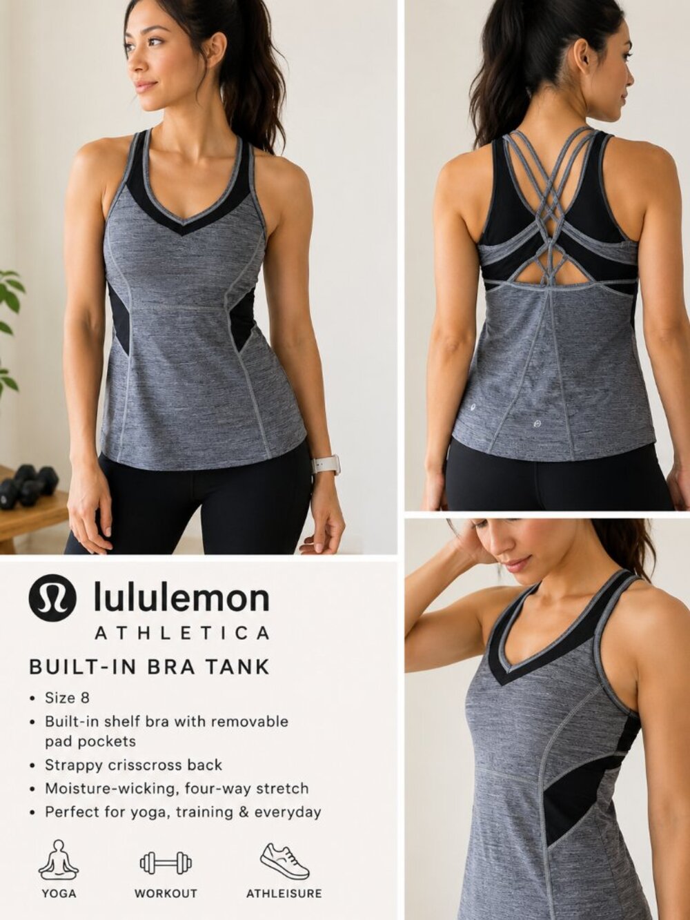 Lululemon Athletica Size 8 Heathered Gray Strappy Built-In Bra Yoga Tank Top